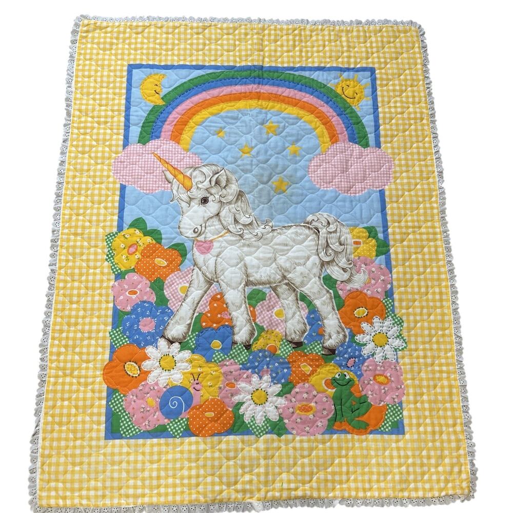 Vintage Quilted Unicorn Baby Blanket Yellow Gingham Eyelet Trim Rainbow Flowers